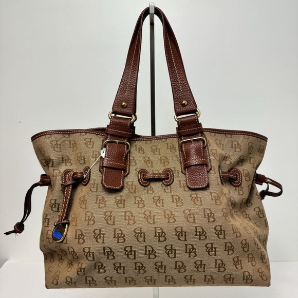 Dooney & Bourke Jacquard Logo Canvas & Leather Cinch Top Snap Close Tote Brown - Picture 2 of 7